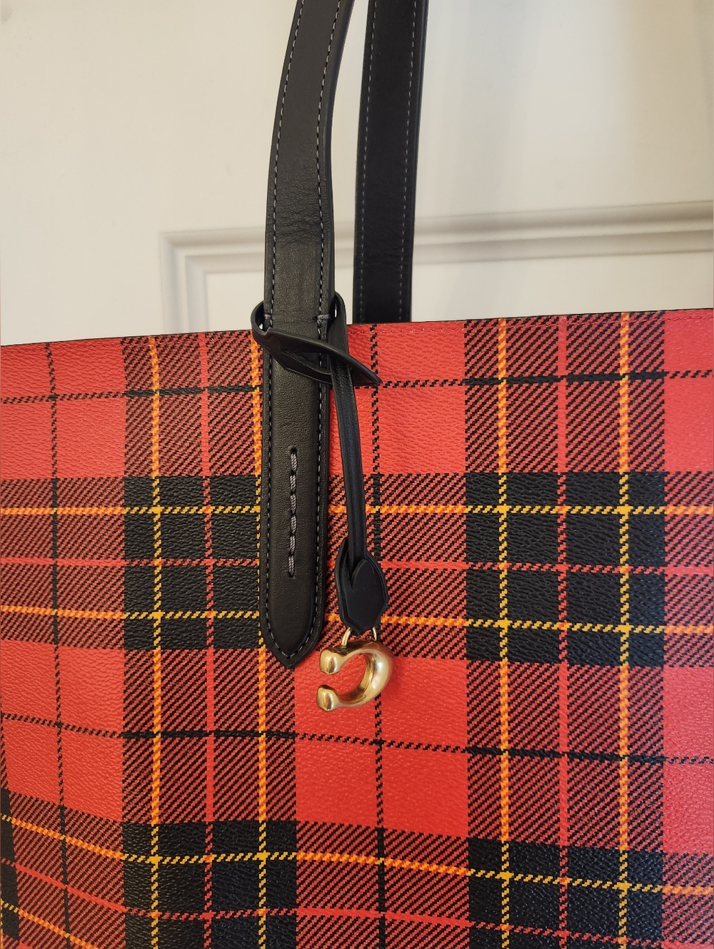 Coach Highline Plaid Print Coated Canvas Tote Bag Red Black - Picture 4 of 12